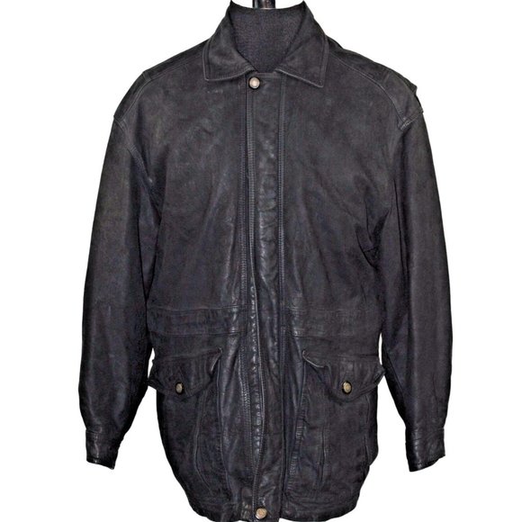 Pelle Sport Large 100% Leather Lined Black Snap Buttons Heavy Coat Jacket